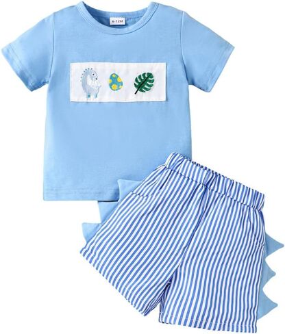 Toddler Baby Boy Clothes Dinosaur Embroidered Print Short Sleeve T-Shirt Elastic Striped Shorts Set 2 Piece Summer Outfits in Kuwait