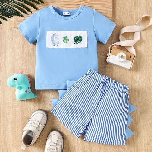 Toddler Baby Boy Clothes Dinosaur Embroidered Print Short Sleeve T-Shirt Elastic Striped Shorts Set 2 Piece Summer Outfits in Kuwait