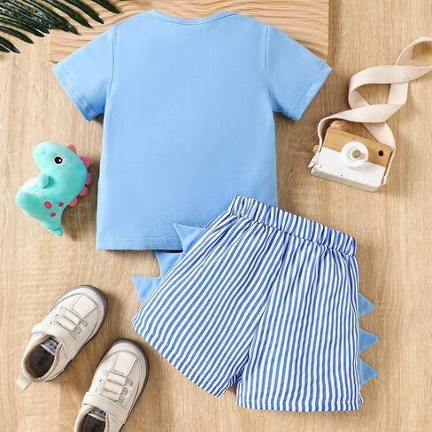 Toddler Baby Boy Clothes Dinosaur Embroidered Print Short Sleeve T-Shirt Elastic Striped Shorts Set 2 Piece Summer Outfits in Kuwait