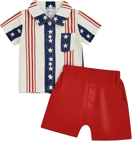 Toddler Baby Boy 4th of July Clothes Star Stripe Print Short Sleeve Button Down Shirt Shorts Set Memorial Day Outfit in Saudi Arabia