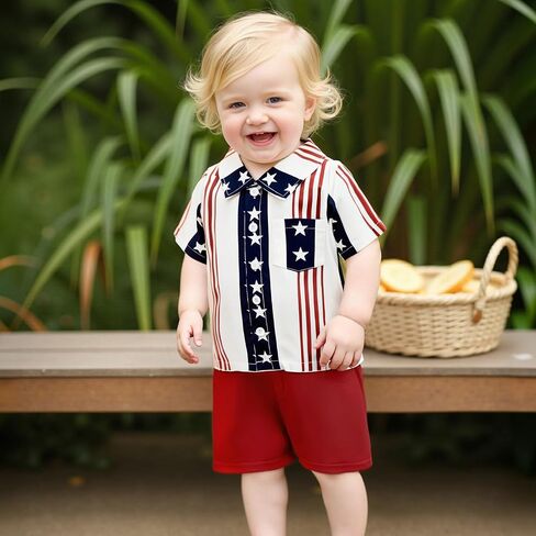 Toddler Baby Boy 4th of July Clothes Star Stripe Print Short Sleeve Button Down Shirt Shorts Set Memorial Day Outfit in Saudi Arabia
