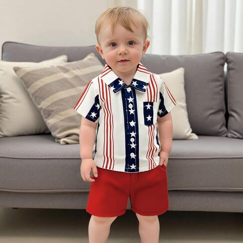 Toddler Baby Boy 4th of July Clothes Star Stripe Print Short Sleeve Button Down Shirt Shorts Set Memorial Day Outfit in Saudi Arabia