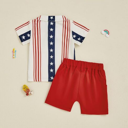Toddler Baby Boy 4th of July Clothes Star Stripe Print Short Sleeve Button Down Shirt Shorts Set Memorial Day Outfit in Saudi Arabia