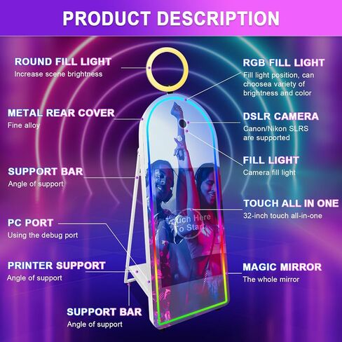 Mirror Photo Booth for Camera Selfie Station Photobooth Shell Stand Machine with Touch Screen and Software Control LCD Screen with RGB Light & Flight Case for Events Rental in Saudi Arabia