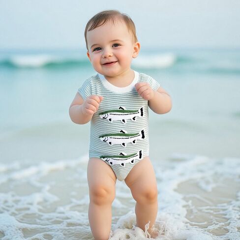 Muasaaluxi Newborn Baby Boy Summer Clothes Short Sleeve Fishing Embroidery Romper Stripe Bodysuit One Piece Jumpsuit in Saudi Arabia