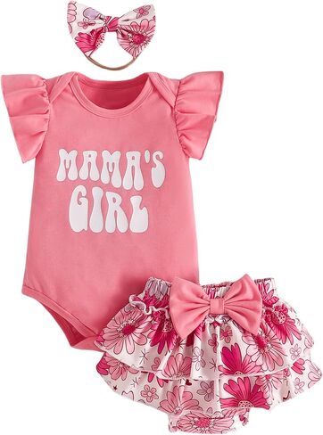 Newborn Baby Girl Clothes Daddys Girl Ruffle Short Sleeve Romper and Shorts with Headband Set Summer Outfits in Kuwait