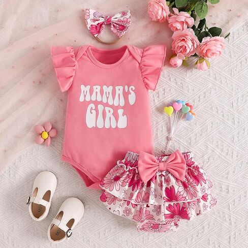 Newborn Baby Girl Clothes Daddys Girl Ruffle Short Sleeve Romper and Shorts with Headband Set Summer Outfits in Kuwait