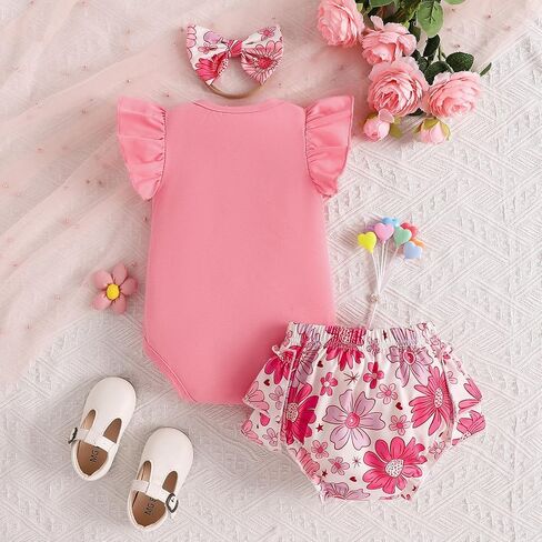 Newborn Baby Girl Clothes Daddys Girl Ruffle Short Sleeve Romper and Shorts with Headband Set Summer Outfits in Kuwait