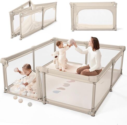 Sweeby Baby Playpen, 79x71 Inch Foldable Playpens for Babies and Toddlers with Gate, Extra Large Playpen with Door Play Yard for Baby Fence Indoor and Outdoor Portable Play Pen,Light Khaki in Kuwait