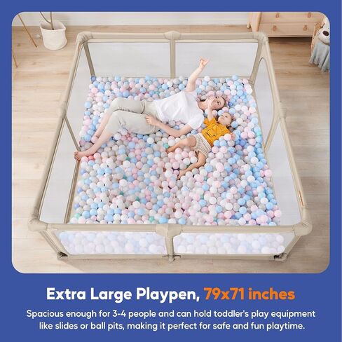 Sweeby Baby Playpen ، 79 × 71 بوصة قابلة للطي للرضع للأطفال والأطفال الصغار مع بوابة ، وروضة كبيرة إضافية مع ساحة لعب الباب لسياج الأطفال في داخلي وخارجي قلم ، كاكي خفيف in Kuwait