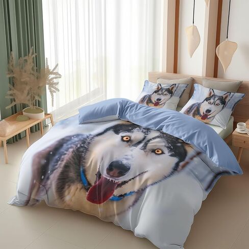 Toddler Reversible Duvet Cover 2 Pieces Animal Snow Dog, Soft Brushed Microfiber Bedding Set 40 X 60 Inches for Kids & Adults, Light Blue Comforter Cover with Zipper Closure & 1 Pillow Shams in Saudi Arabia