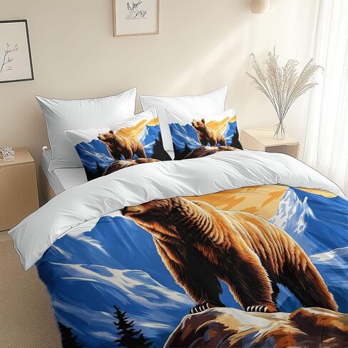Toddler Reversible Duvet Cover 2 Pieces Mountain Forest Brown Bear, Soft Brushed Microfiber Bedding Set 40 X 60 Inches for Kids & Adults, Beige Comforter Cover with Zipper Closure & 1 Pillow Shams in Saudi Arabia