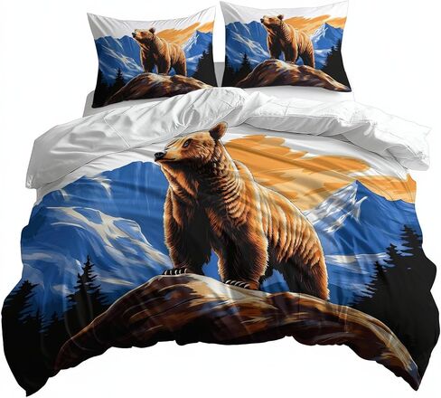 Toddler Reversible Duvet Cover 2 Pieces Mountain Forest Brown Bear, Soft Brushed Microfiber Bedding Set 40 X 60 Inches for Kids & Adults, Beige Comforter Cover with Zipper Closure & 1 Pillow Shams in Saudi Arabia
