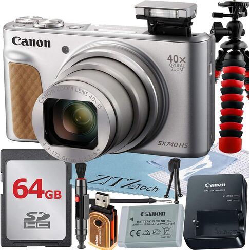 Canon PowerShot SX740 HS Digital Camera (Silver) with 128GB Memory Card + Tripod + Cleaning Kit + Accessory Bundle (Renewed) in Saudi Arabia