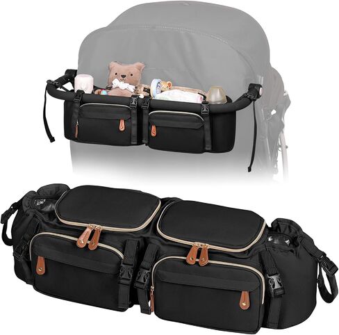 Double Stroller Organizer for Bob Duallie and Baby Jogger City Mini GT2, Double Stroller Caddy Organizers with Cup Holder and 2 Cooler Pockets Parent Console Double Stroller Accessories in Kuwait