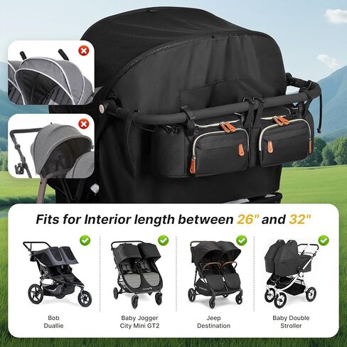 Double Stroller Organizer for Bob Duallie and Baby Jogger City Mini GT2, Double Stroller Caddy Organizers with Cup Holder and 2 Cooler Pockets Parent Console Double Stroller Accessories in Kuwait