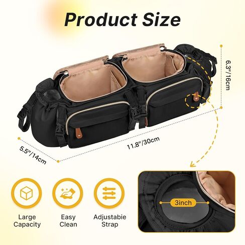 Double Stroller Organizer for Bob Duallie and Baby Jogger City Mini GT2, Double Stroller Caddy Organizers with Cup Holder and 2 Cooler Pockets Parent Console Double Stroller Accessories in Kuwait