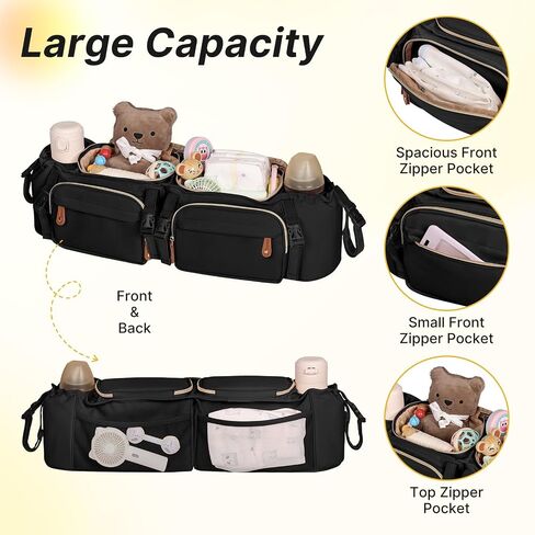 Double Stroller Organizer for Bob Duallie and Baby Jogger City Mini GT2, Double Stroller Caddy Organizers with Cup Holder and 2 Cooler Pockets Parent Console Double Stroller Accessories in Kuwait