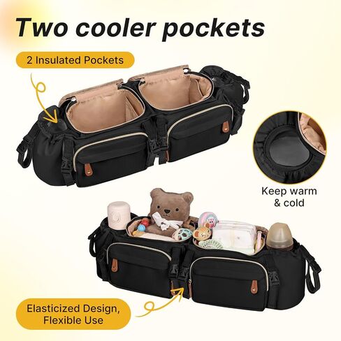 Double Stroller Organizer for Bob Duallie and Baby Jogger City Mini GT2, Double Stroller Caddy Organizers with Cup Holder and 2 Cooler Pockets Parent Console Double Stroller Accessories in Kuwait
