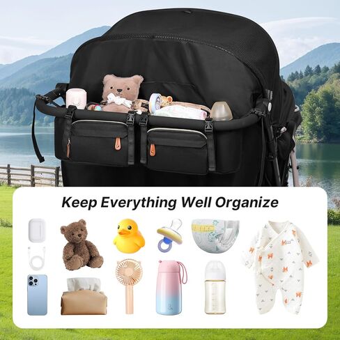 Double Stroller Organizer for Bob Duallie and Baby Jogger City Mini GT2, Double Stroller Caddy Organizers with Cup Holder and 2 Cooler Pockets Parent Console Double Stroller Accessories in Kuwait