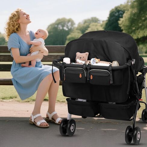 Double Stroller Organizer for Bob Duallie and Baby Jogger City Mini GT2, Double Stroller Caddy Organizers with Cup Holder and 2 Cooler Pockets Parent Console Double Stroller Accessories in Kuwait