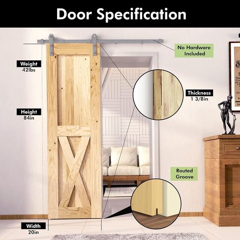 Homacer 5-in-1 Design Solid Natural Pine Wood Barn Door, 20in Wide 84in High, Unfinished and Unassembled, with Pre-drilled Holes for Easy Assemble and Pre-routed Floor Guide Groove, Interior Only in Saudi Arabia