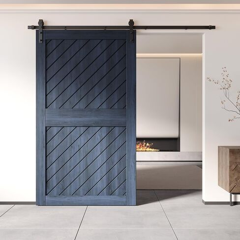 Homacer 50 in. x 84 in. Slanted Stripe Design 001 Navy Finished & Unassembled Pine Wood Barn Door (Interior Use Only) in Kuwait