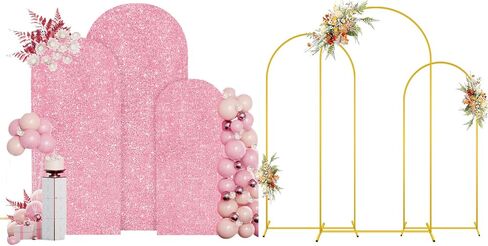 MODFUNS Metal Arch Backdorp Stand and Cover Set 6&6.6&7.2ft Gold Sequins Arch Backdrop Cover Set of 3 Golden Arched Backdrop Stand Wedding Arch Frame for Birthday Party Banquet Decoration in Kuwait