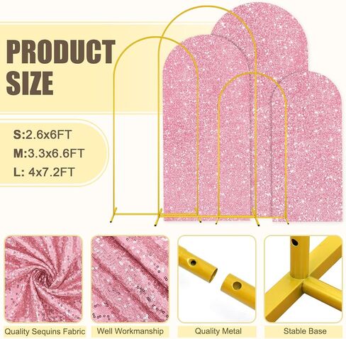 MODFUNS Metal Arch Backdorp Stand and Cover Set 6&6.6&7.2ft Gold Sequins Arch Backdrop Cover Set of 3 Golden Arched Backdrop Stand Wedding Arch Frame for Birthday Party Banquet Decoration in Kuwait