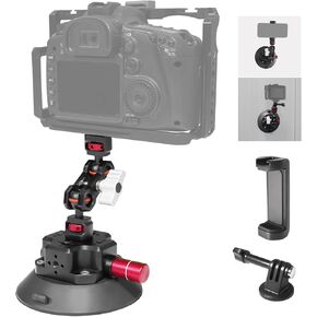 4.5in Camera Suction Cup Phone Mount with Ball Head Magic Arm, Quick Release Car Mount for Action Camera Phone DJI Insta360, Air Pump Vacuum Suction Cup, 1/4" 3/8" ARRI Holes