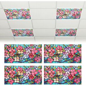 4 Pcs Stained Glass Fluorescent Light Covers for Ceiling Classroom 2 x 4 ft Magnetic Light Filter with 10 Magnets Retro Floral Filter Reduce Glare for Office School Home(Lovely Style)