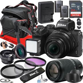 Nikon Z50 Mirrorless Camera with Z DX 16-50mm f/3.5-6.3 VR and Z DX 50-250mm f/4.5-6.3 VR Lens + 64 GB Memory + Extra Battery + LED Light + More (27pc Bundle)