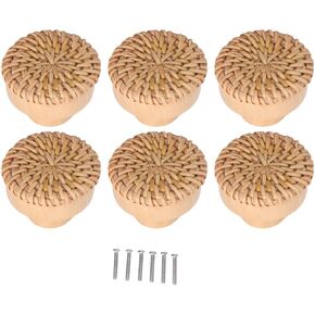 6pcs Handmade Round Rattan Wood Drawer Knobs, Easy Install for Kitchen Bedroom Furniture, Smooth Design, Nursery, Wood, Rattan