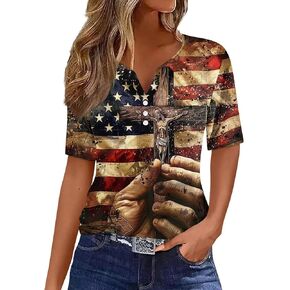 4th of July V Neck Tops for Women Loose Fit USA Flag Short Sleeve American Red White Blue Star Stripes Henley Shirts