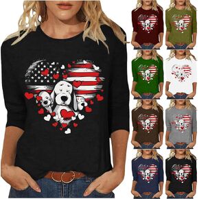 Patriotic Tops for Women Trendy 3/4 Sleeve Tops American Flag Pride Red White Blue Stars Stripes 4th of July Tshirt