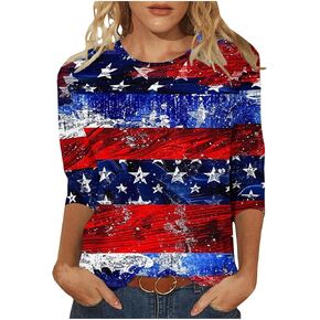 Patriotic Shirts for Women 3/4 Length Sleeve USA Flag 4th July American Red White Blue Star Stripe T-Shirt Plus Size