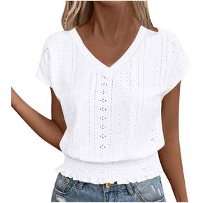 Eyelet Tops Cropped for Women Girls Y2K Tees Summer Dressy Casual Short Sleeve Shirts Elegant Business Blouses