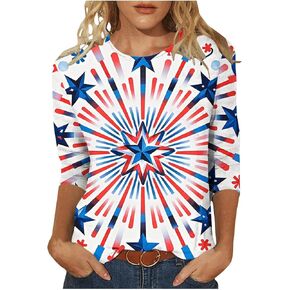 3/4 Sleeve Patriotic Shirt for Women USA Flag 4Th July American Red White Blue Star Stripes 4 Day T-Shirt Plus Size
