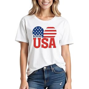 White 4th of July Top Cotton Shirts Women Short Sleeve USA Flag Red White Blue Star Stripes Tops American Pride Tees