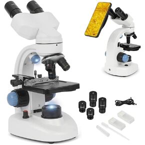 40X-1000X Compound Binocular Microscope with LED Illumination, Double Layer Mechanical Stage & Phone Holder for Home Educational Use