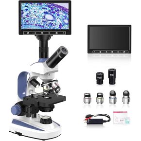 Lab Monocular Compound Microscope with 7'' LCD Screen, 40X-2500X Magnification Microscope for Adults, Dual Illumination, Built-in 5MP Camera, Dual Mechanical Stage for Lab School Farm (Black)