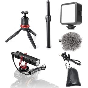 Movo CamSK Video Starter Kit for DSLR and Mirrorless Cameras - Includes VXR10 Microphone, Rechargable LED Video Light, and Adjustable Tabletop Tripod Compatible with Canon EOS, Nikon, Sony, Panasonic