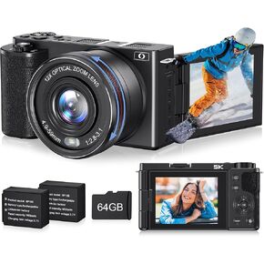 Cameras for Photography,12X Optical Rotary Zoom 5K Digital Cameras with Flip Screen,72MP Vlogging Camera for YouTube,Auto Focus Point and Shoot Camera with 64G TF Cards,Travel Camera for Beginners