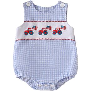 Newborn 4th Of July Baby Boy Outfit Infant Truck Flag Baby Smocked Bubble Romper Plaid Summer Clothes 0 3 6 12 18m