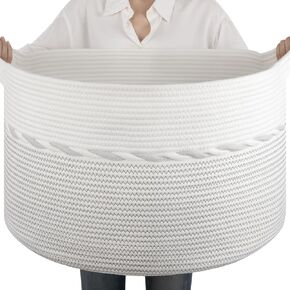 OIAHOMY 90L Blanket Basket for Living Room, Large Basket 23" x 23" x 13" with Handle, Laundry Hamper for Blankets, Pillows, Toy Storage for Kids, Dogs - Brown & White
