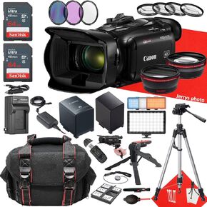 Canon Vixia HF G70 UHD 4K Camcorder + 2PC 64 GB Memory + Extra Battery + LED Light + Filters + Tripod + More (27pc Bundle), Black (Renewed)