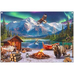 ZTHMOE Fabric 7x5ft Polar Animals Arctic Adventure Photography Backdrop Aurora Snow Mountain Campfire Camping Background Kids Adults Party Decorations Photo Banner Booth