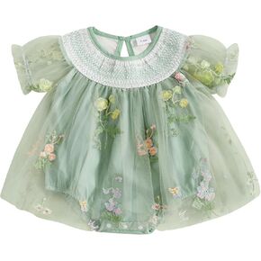 Infant Baby Girl Romper Dress Flower Embroidery Patchwork Mesh Short Sleeve Bodysuit Tulle Dress Princess Dress