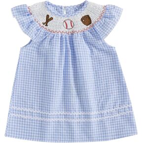Toddler Baby Girl Baseball Dress Embroidery Plaid Ruffle Sleeveless Smocked Dresses Summer Casual Sundress Outfit