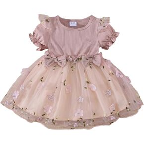 Infant Toddler Baby Girl Summer Dress Ruffle Short Sleeve Tulle Tutu Skirt Embroidery Flower Clothes for Party Beach Casual